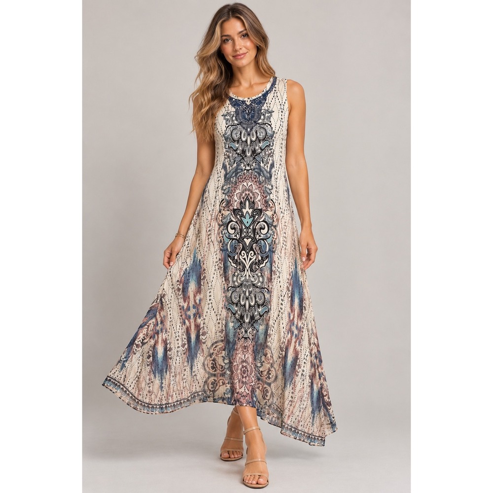 World Unity Women Sleeveless Boho Paisley Medallion Midi Dress Blue Cream Large